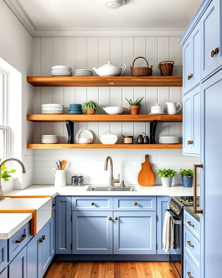 Periwinkle blue cabinets with open shelving