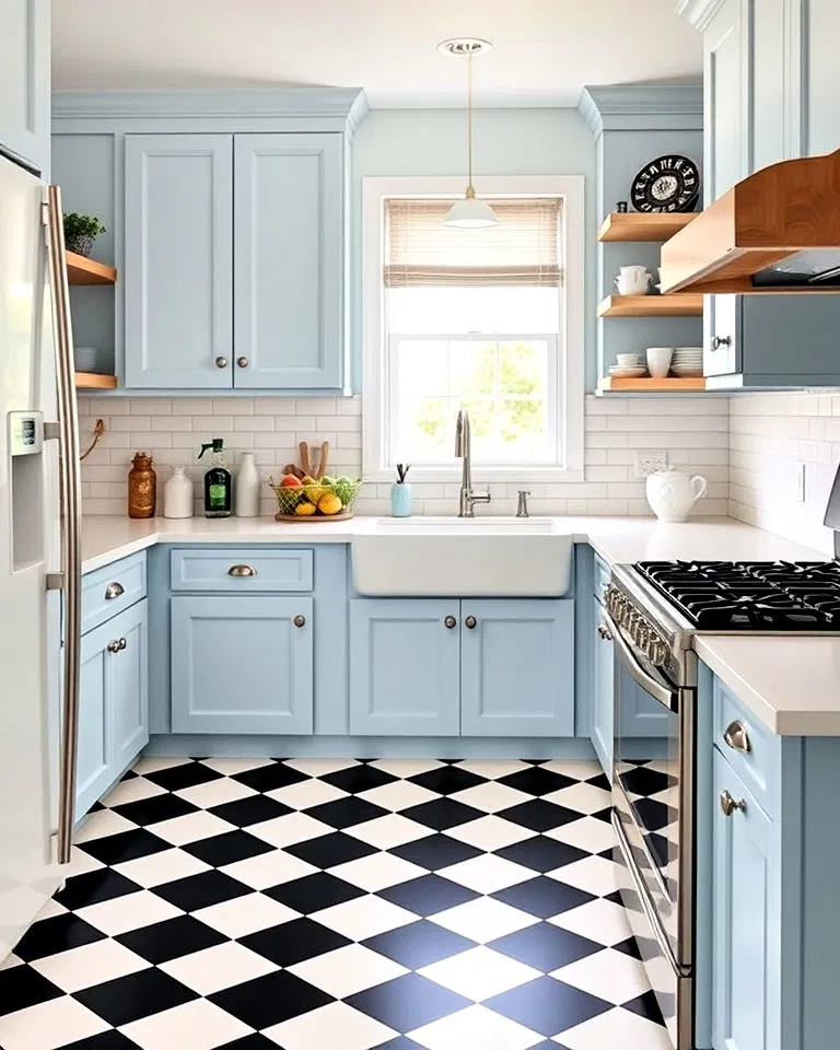 Baby blue cabinets with checkerboard flooring