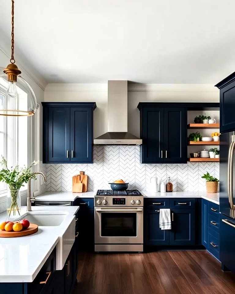 Navy blue cabinets with herringbone backsplash