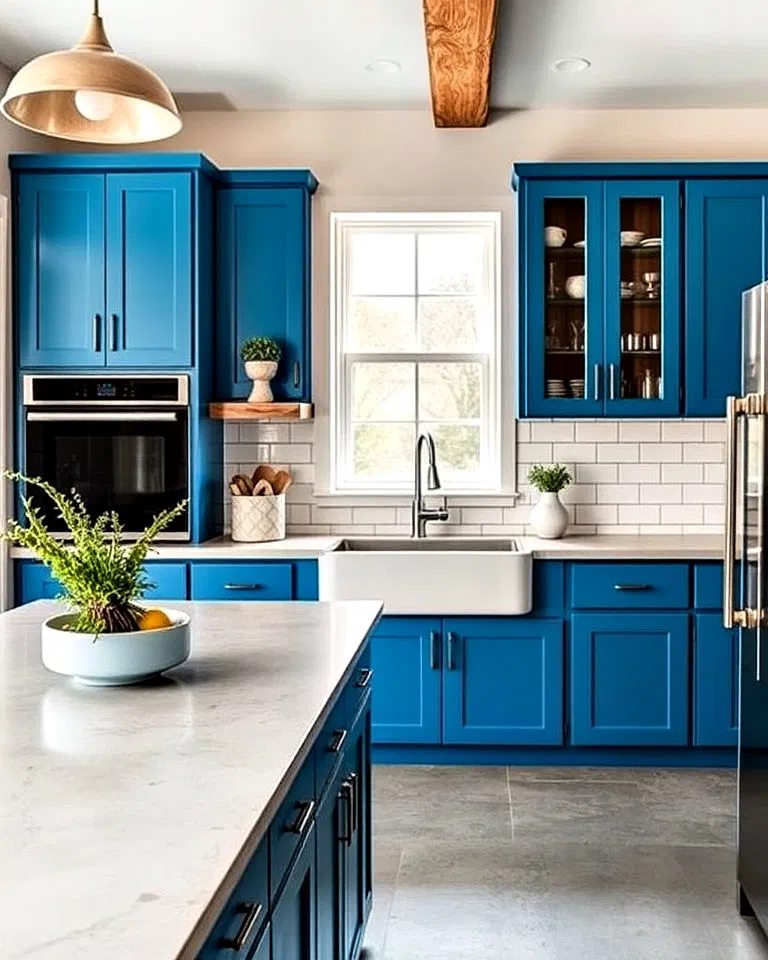 Azure blue cabinets with concrete countertops