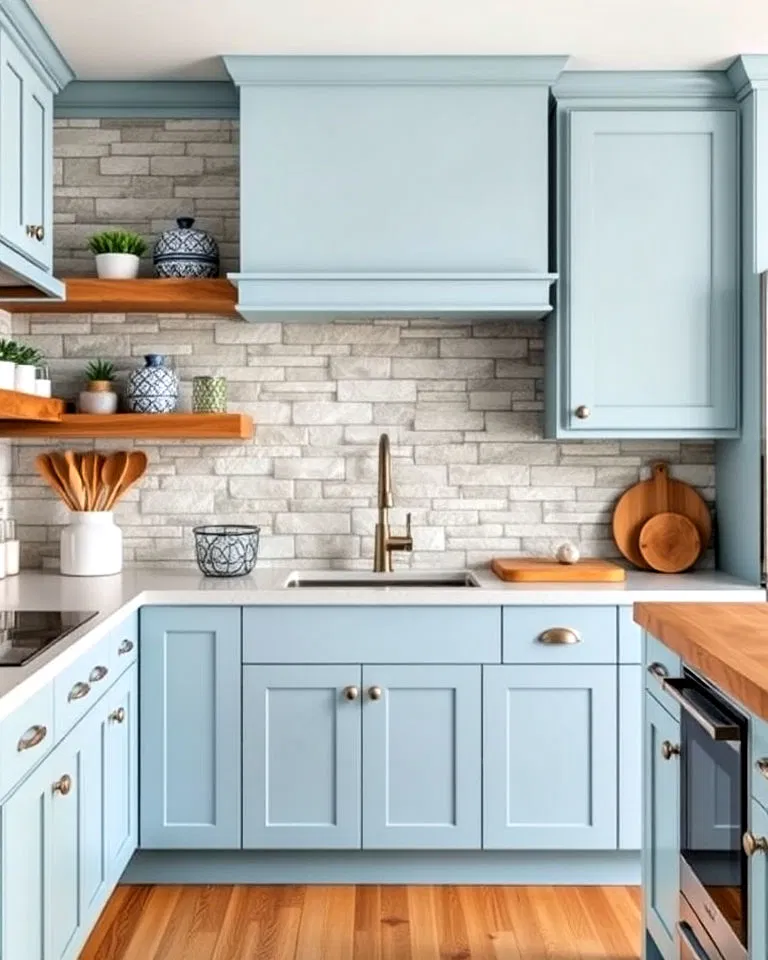 Arctic blue cabinets with stone backsplash