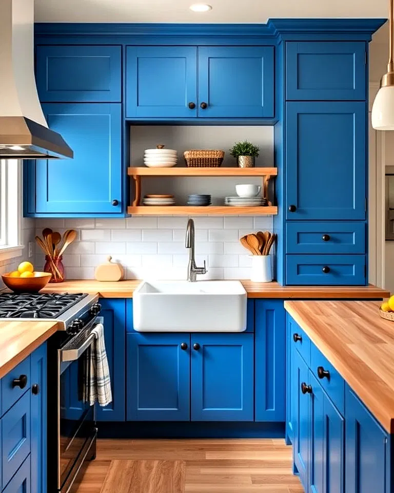 Electric blue cabinets with wooden countertops