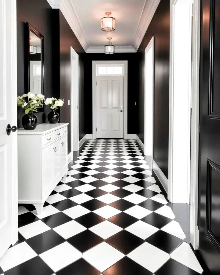 checkerboard floor tiles in hallway