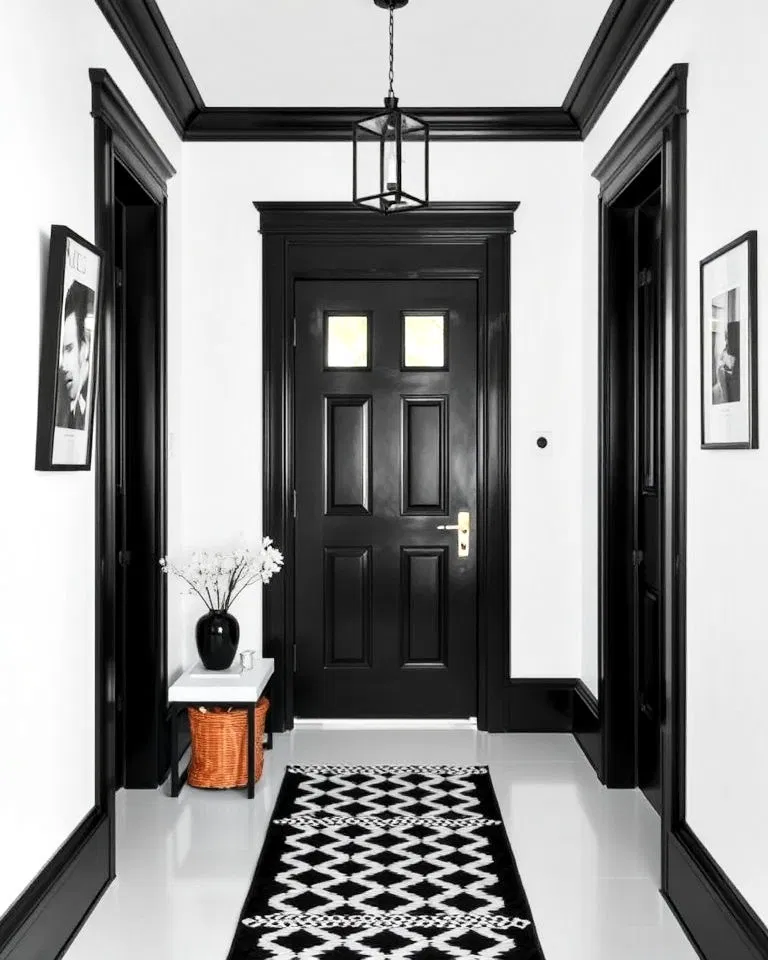 white hallway with black door and trim