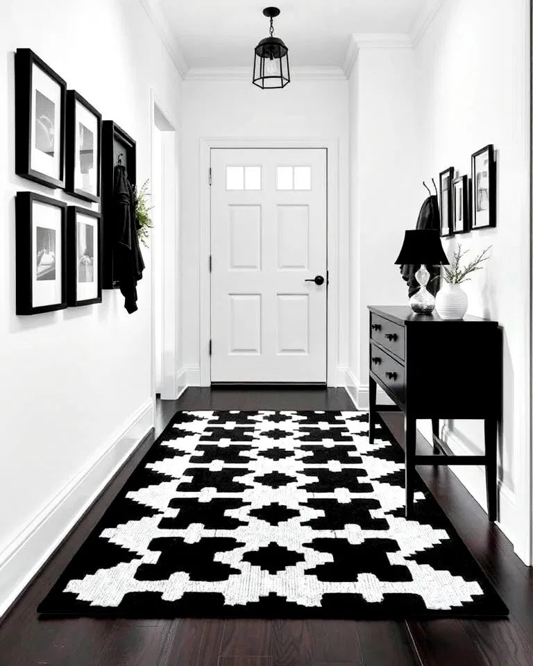 black and white geometric rug in hallway