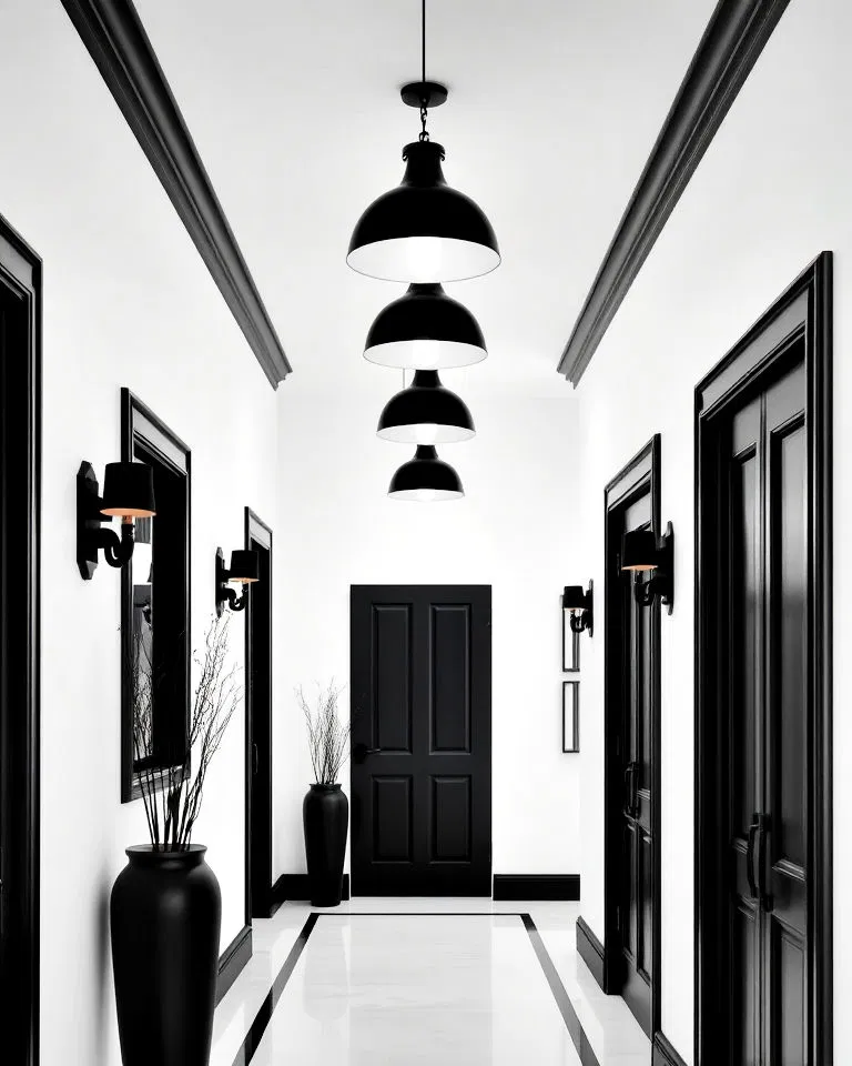 black pendant lighting in white hallway