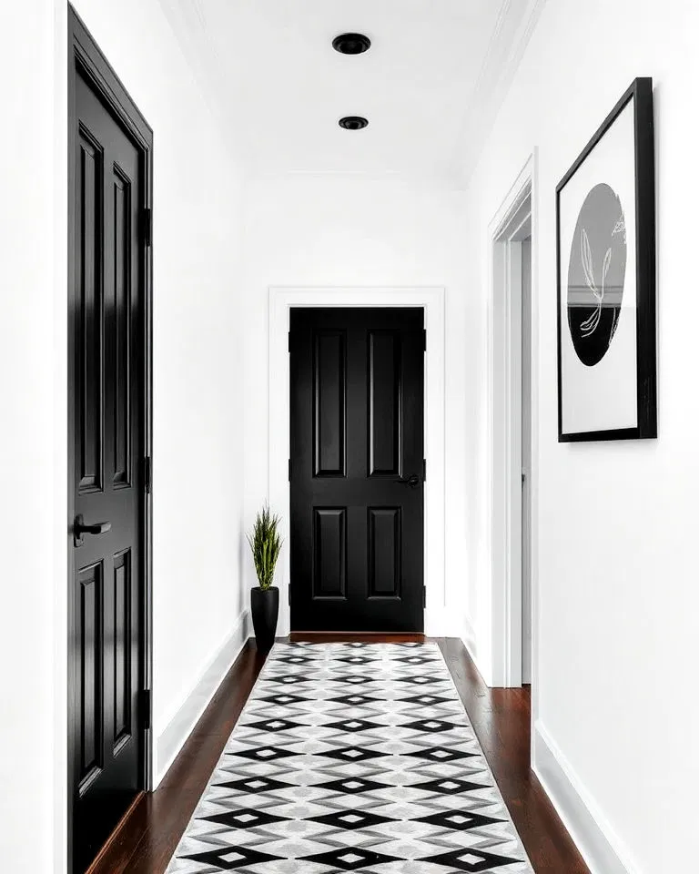 black doors with white walls hallway