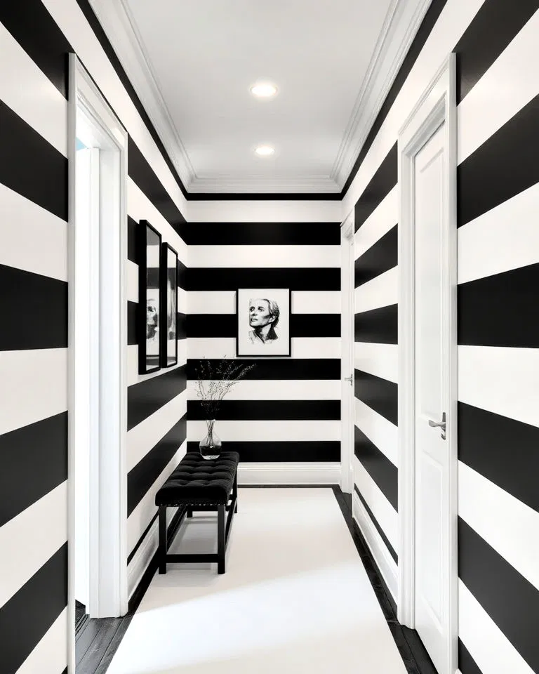 black and white horizontal stripes hallway