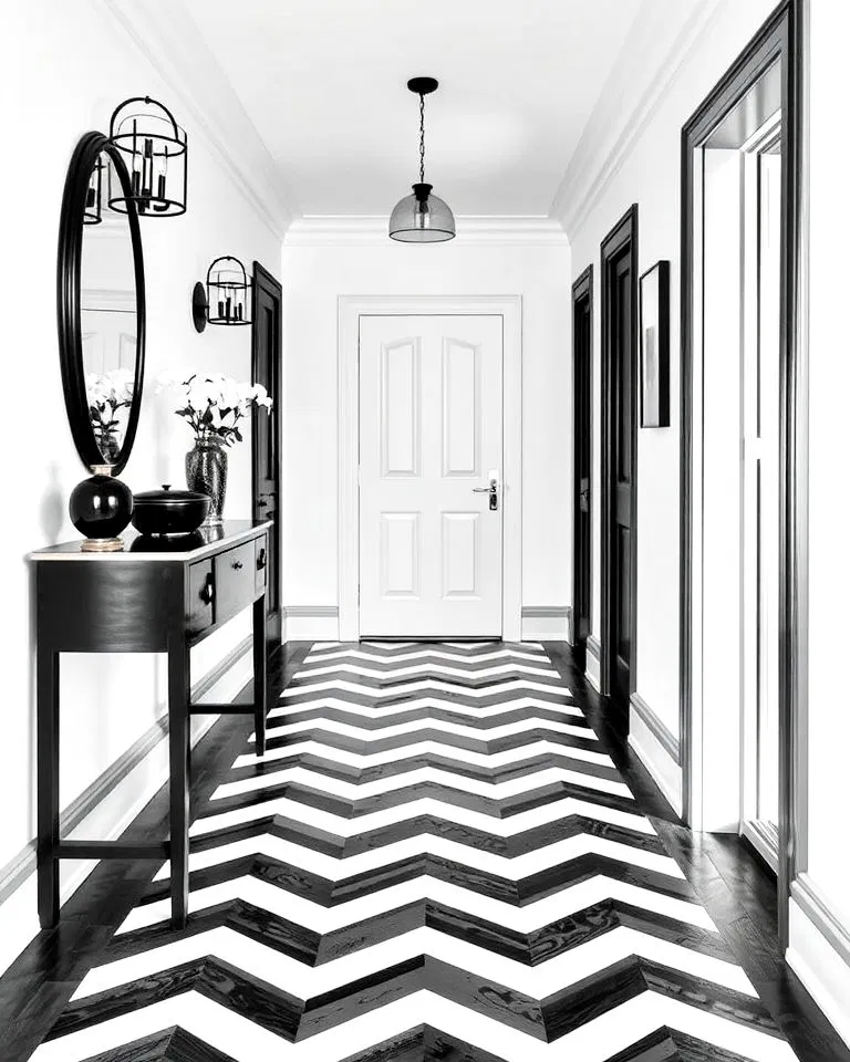 black and white floorboards in hallway