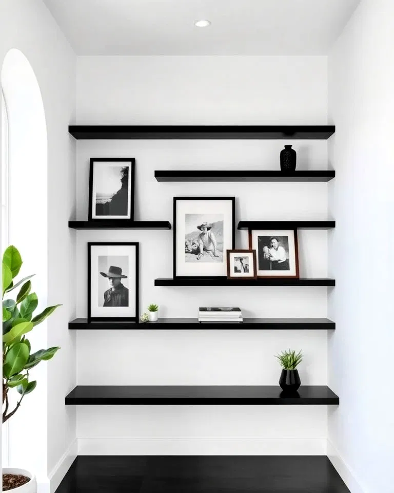 black picture ledges on white walls hallway