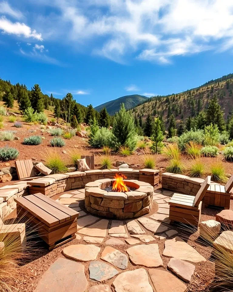 Fire pit seating area with stone accents in Colorado
