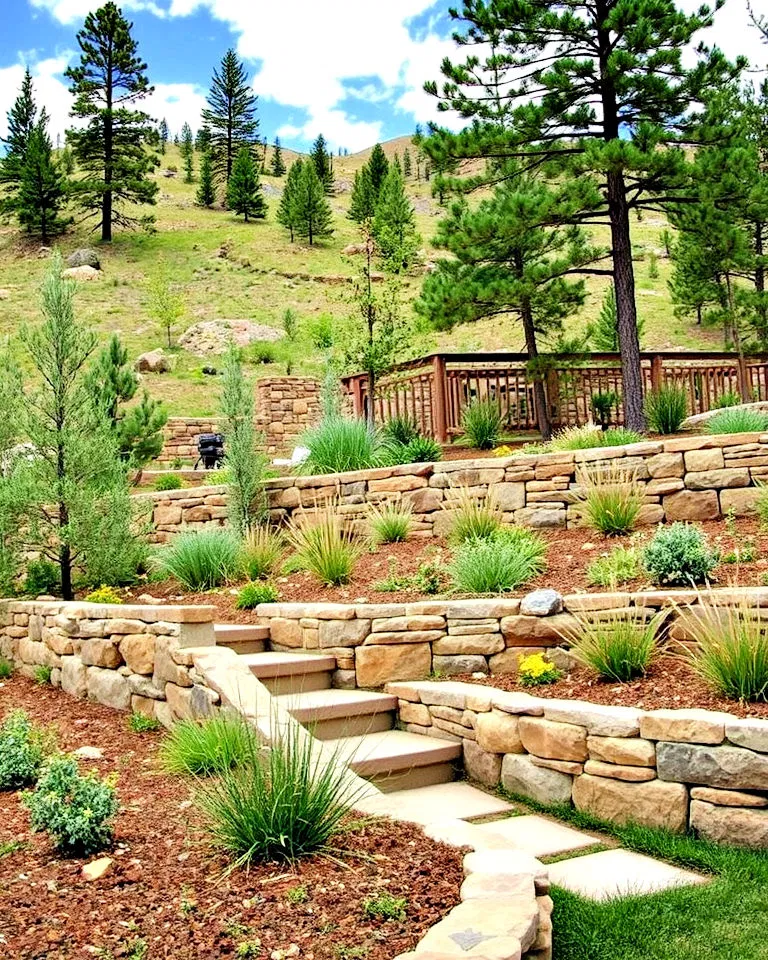 Natural stone retaining walls in Colorado landscape