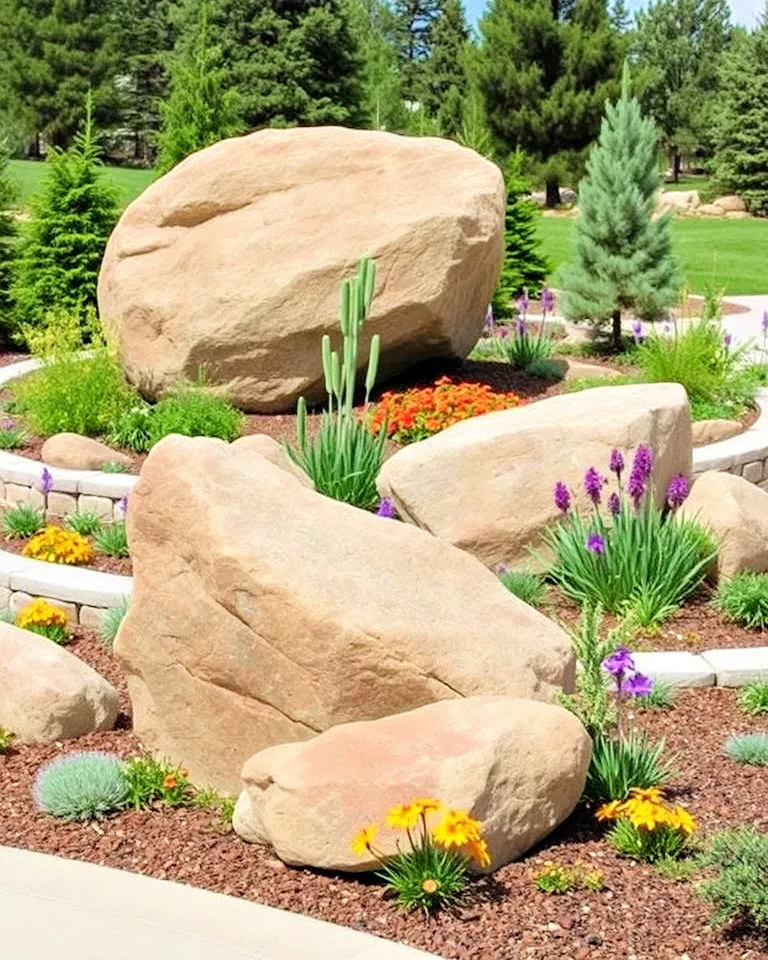 Boulder accents in garden beds in Colorado