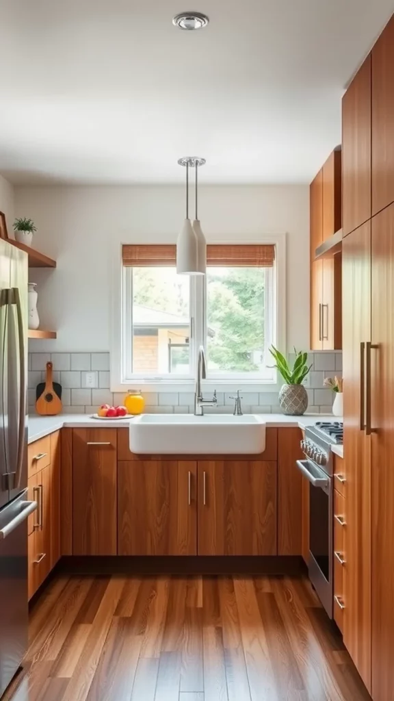 Kitchen with natural wood finish cabinets and flooring