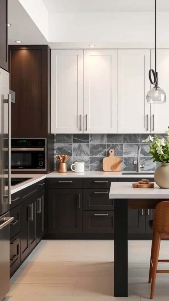 Two-tone kitchen cabinets with dark wood and white