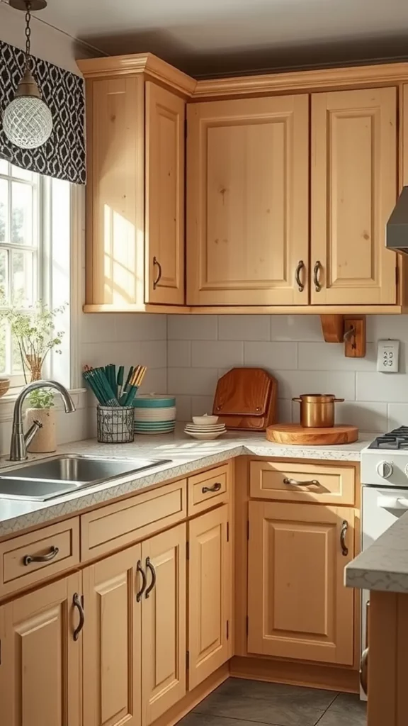 Kitchen with vintage hardware on cabinets