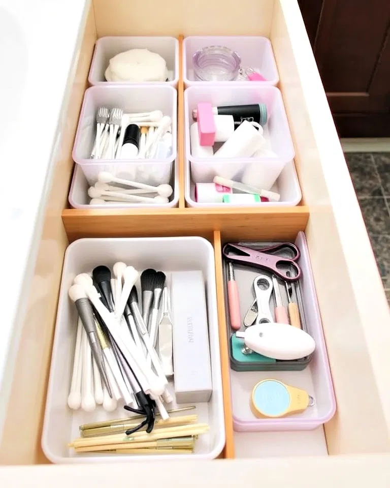 small bins and jars for bathroom drawer organization