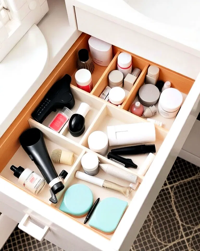 pull-out trays and LED lights in bathroom drawers