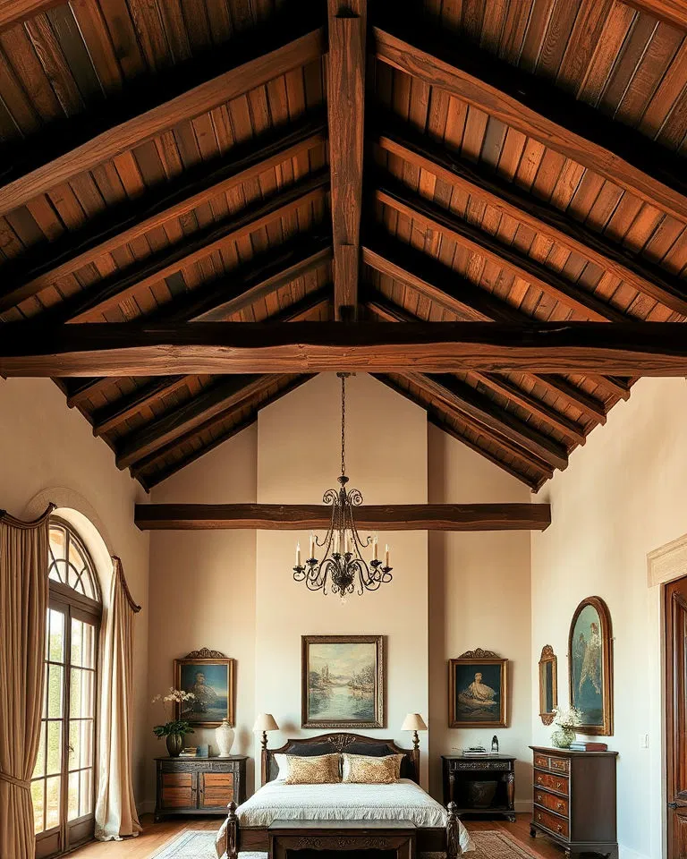 Vaulted ceilings featuring exposed wooden beams in Italian design