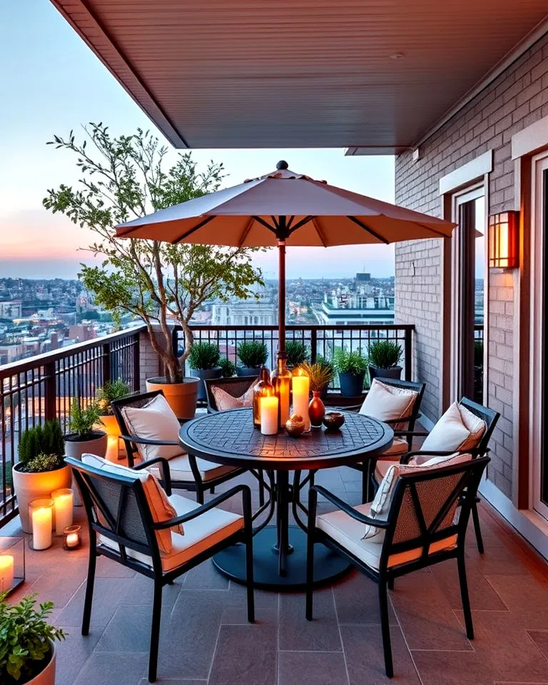 Outdoor dining setup on a large balcony