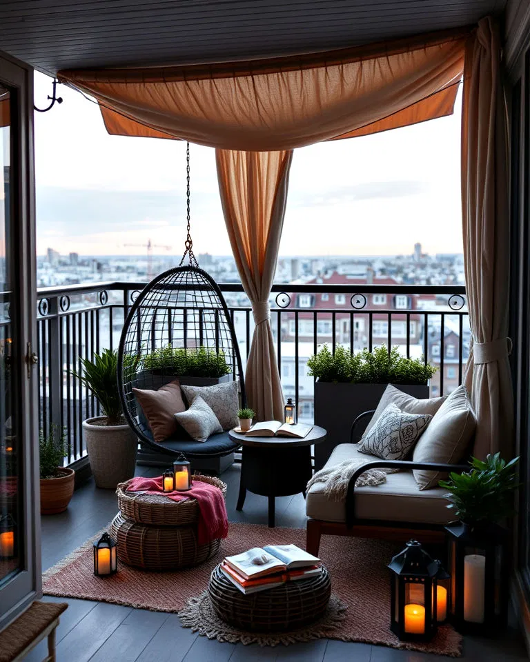 Balcony reading nook with hanging chair