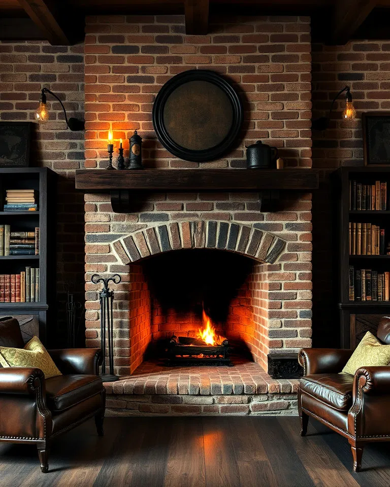 industrial fireplace with exposed brick
