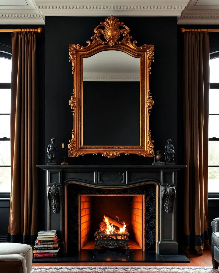 ornate gold framed mirror above the fireplace