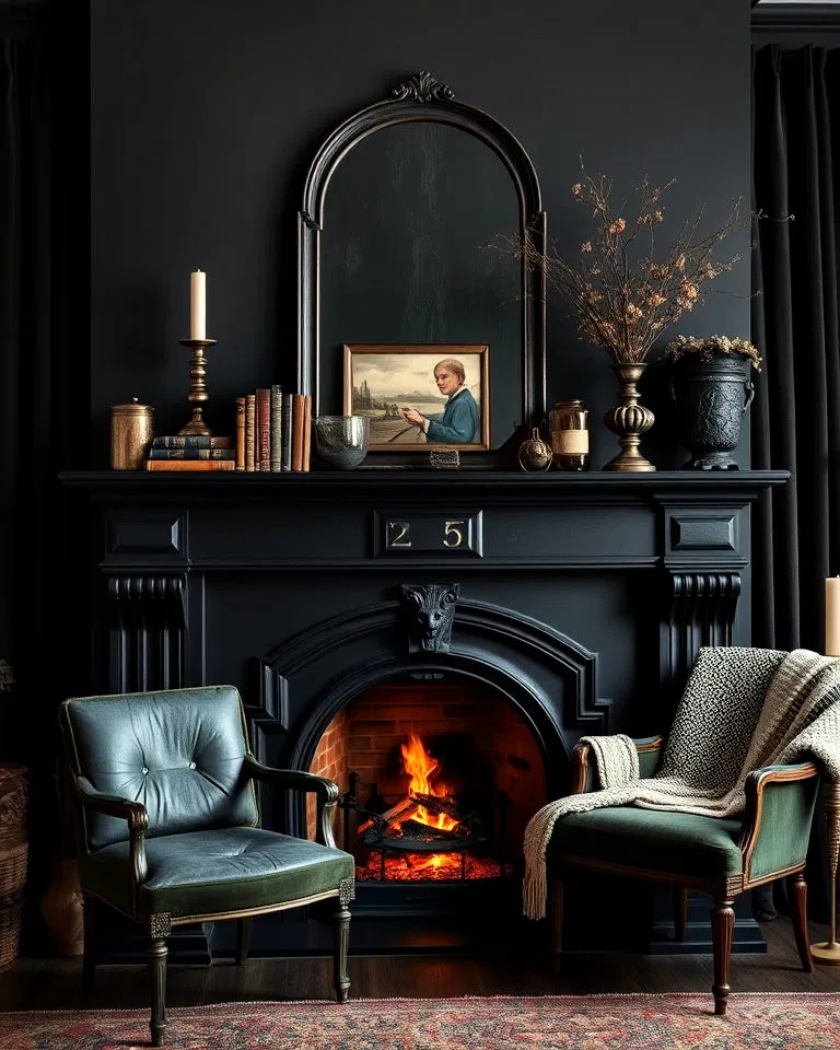dramatic fireplace with blackened mantel