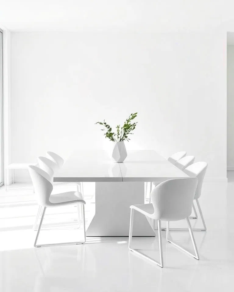 Minimalist white dining room with sleek furniture