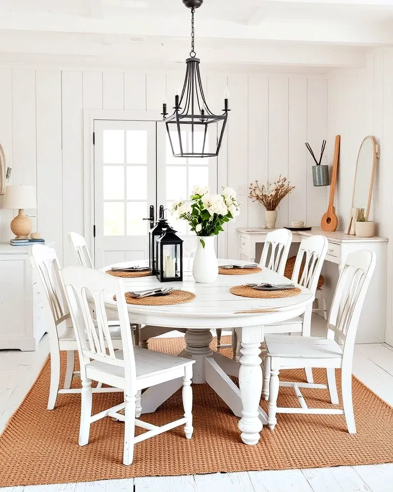 Rustic white dining room with distressed wood