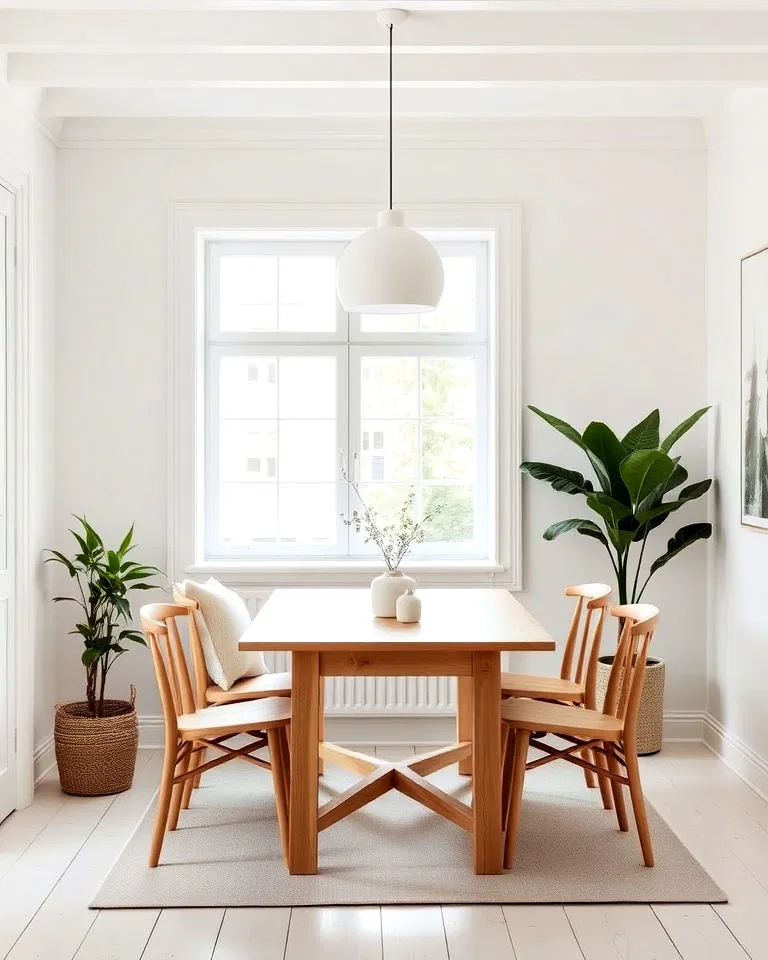 Scandinavian style white dining room with light wood
