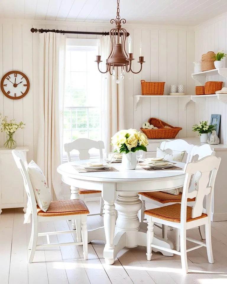 Cottage style white dining room with floral accents