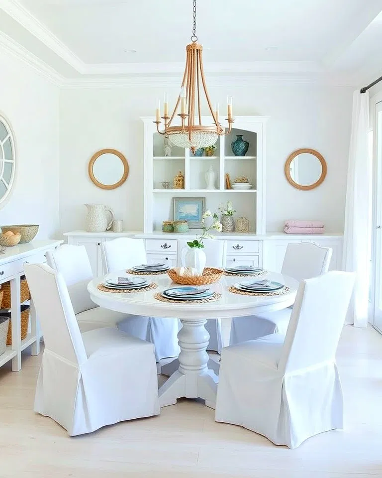 Casual coastal style white dining room