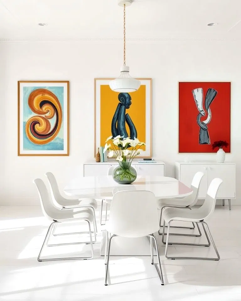 White dining room showcasing artwork