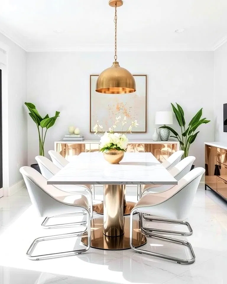 White dining room with metallic finishes