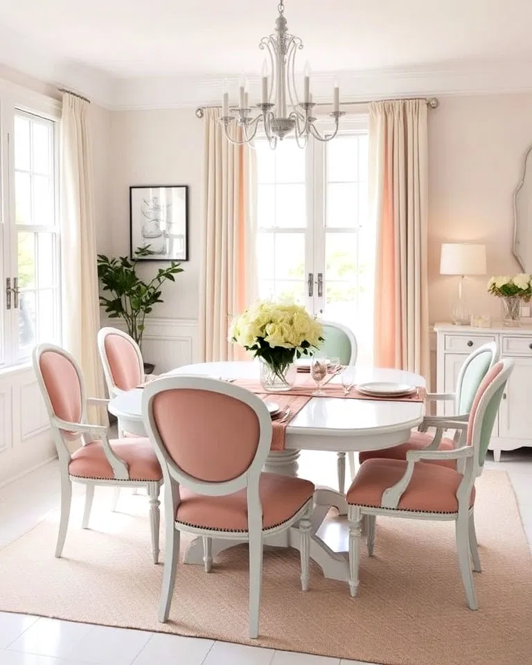 White dining room with pastel accents