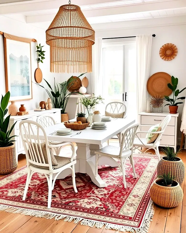 Bohemian white dining room with eclectic decor