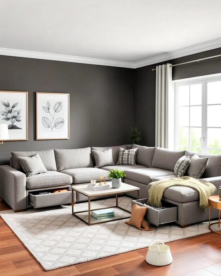 Corner sectional sofa with built-in storage compartments