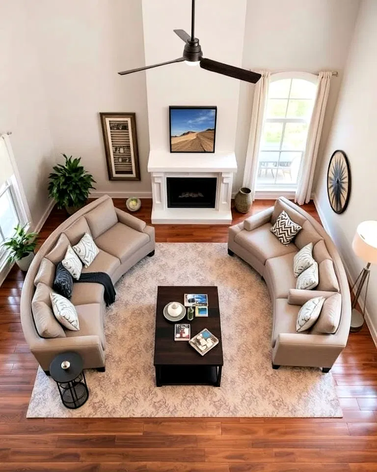 Semi-circular sectional sofa creating a cozy seating area