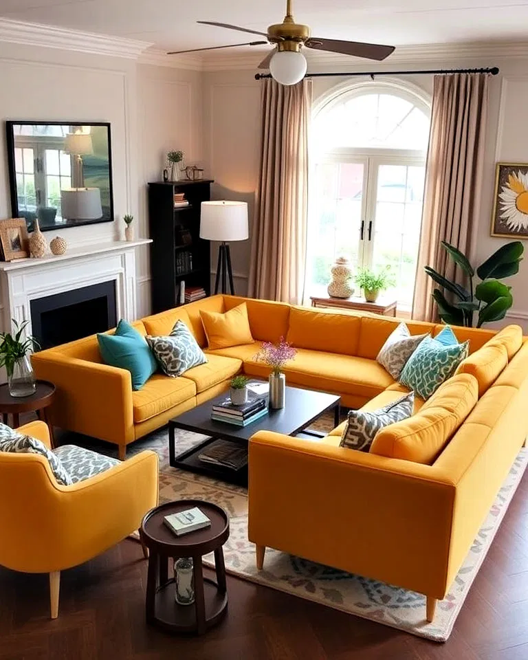 Sectional sofa with bright color accents in a small living room
