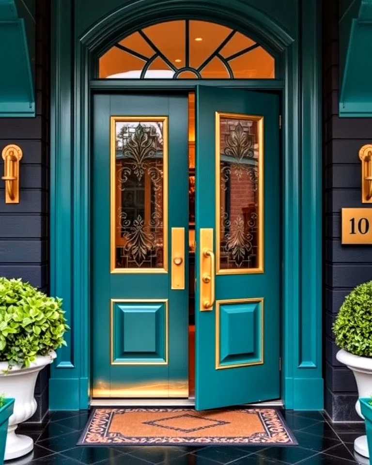 teal door with gold accents