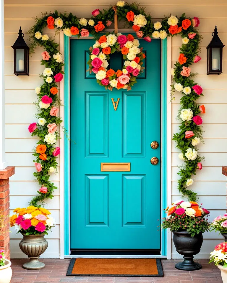 teal door with floral wreath