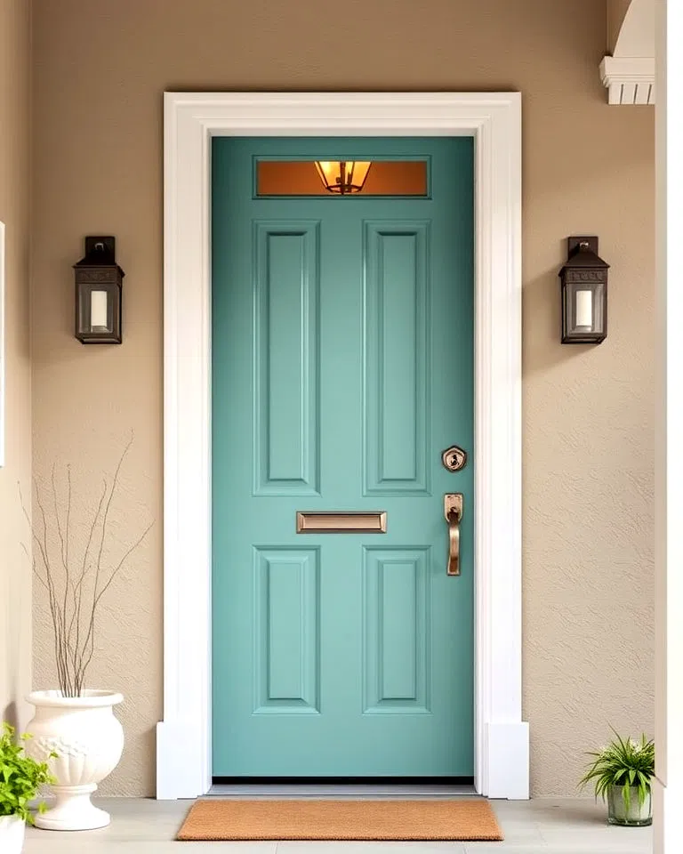 soft teal door with neutral exterior