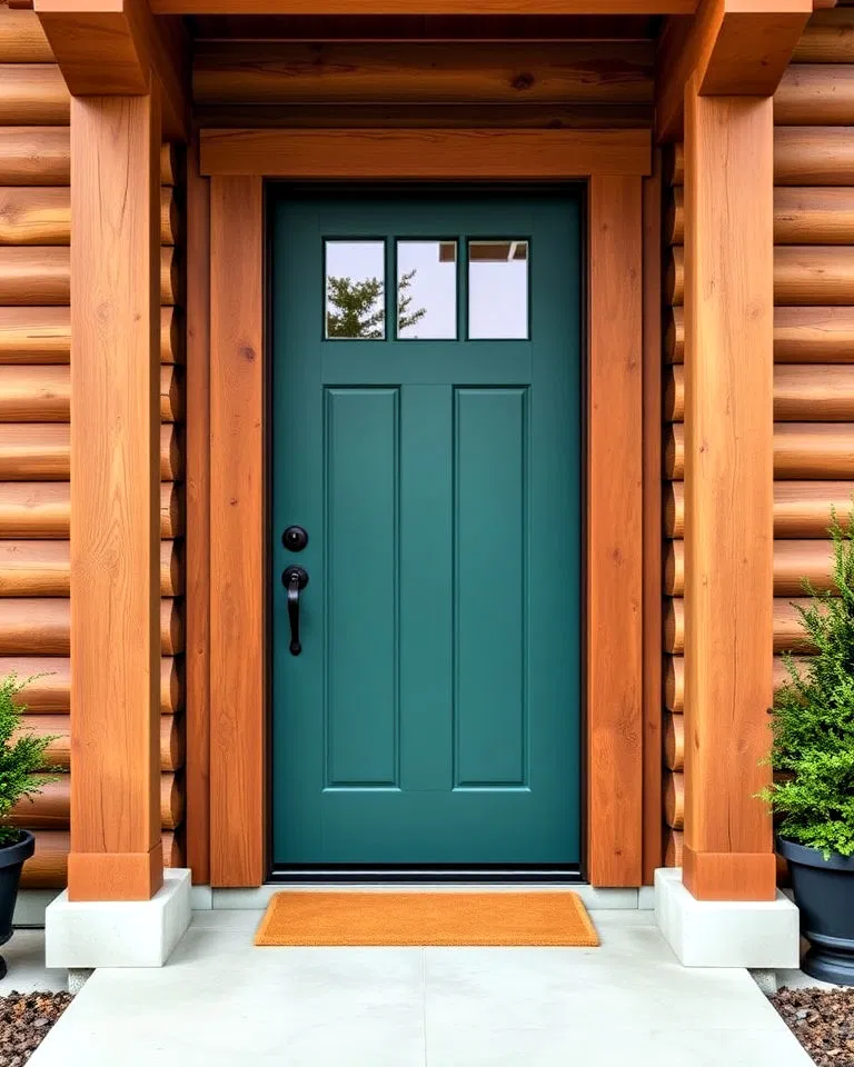 teal door with wood accents