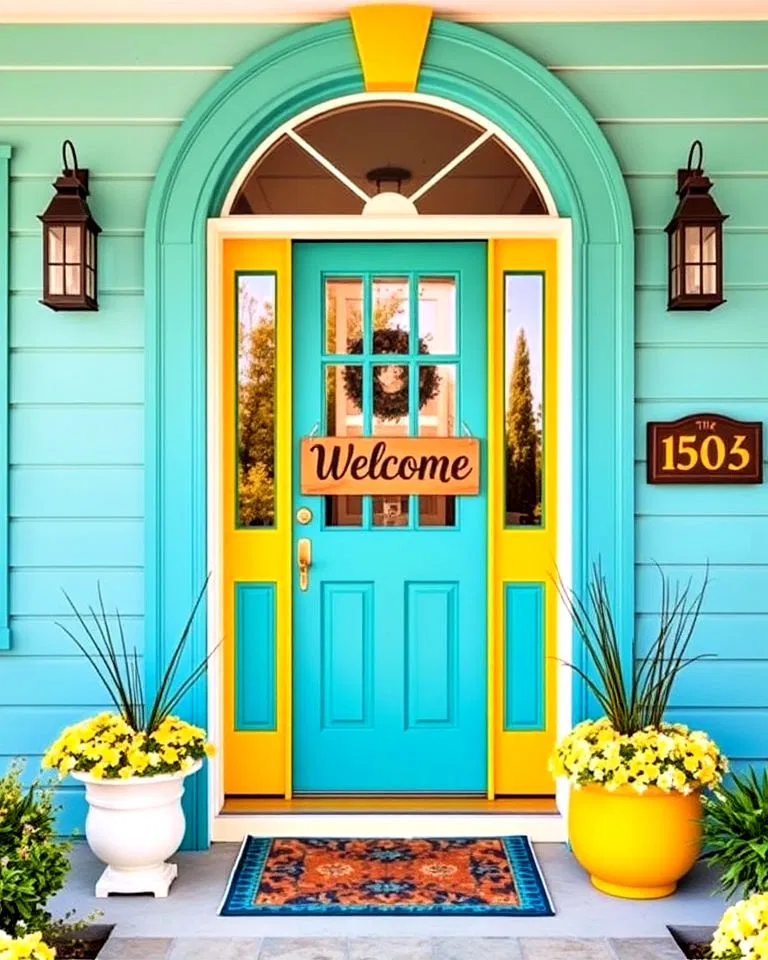 teal door with yellow accents