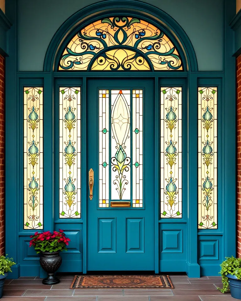 teal door with stained glass