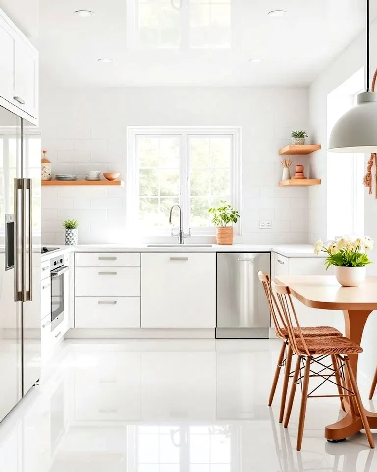 glossy white vinyl flooring for small kitchen