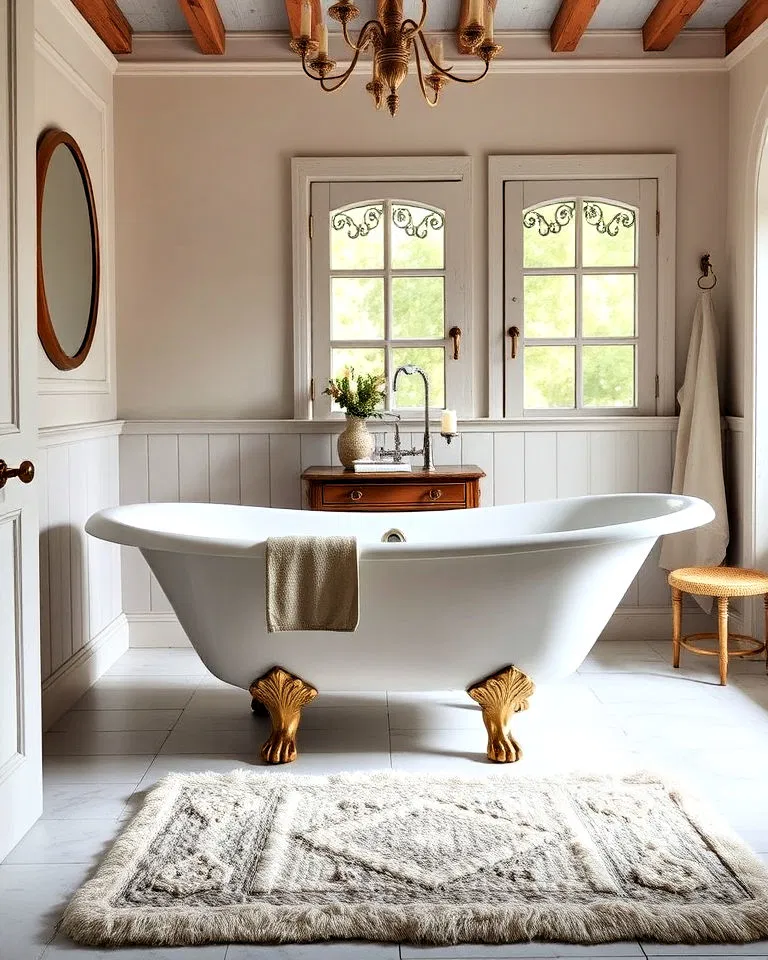 Classic vintage clawfoot bathtub in French country bathroom