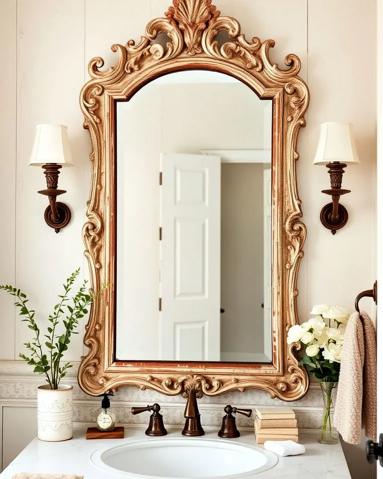 Antique mirror with intricate frame in French country bathroom