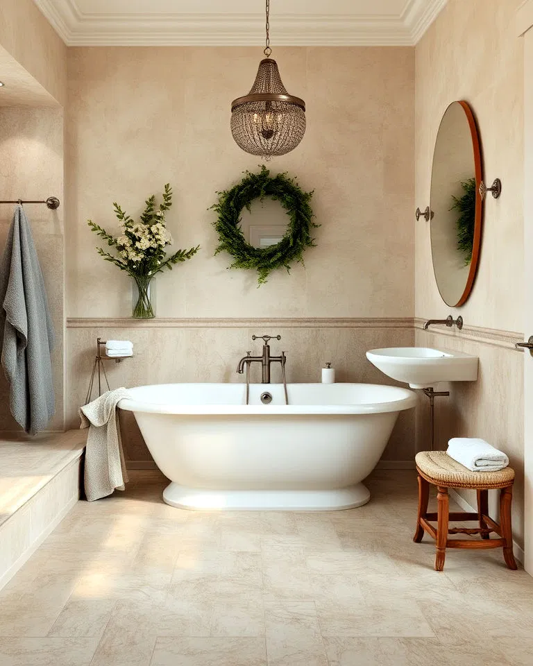 Stone floor tiles in French country bathroom